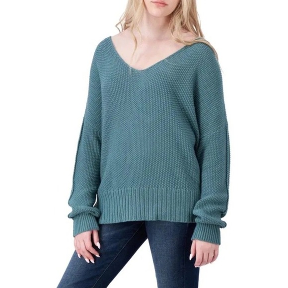 Lucky Brand Knit Sweater Women Teal XL V-neck slouchy Shoulder casual dress cozy - Picture 3 of 11